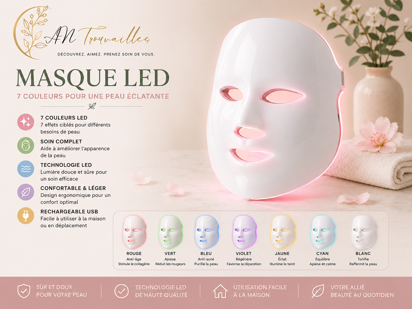 Masque LED de photothérapie 7 couleurs – Soin anti-âge du visage