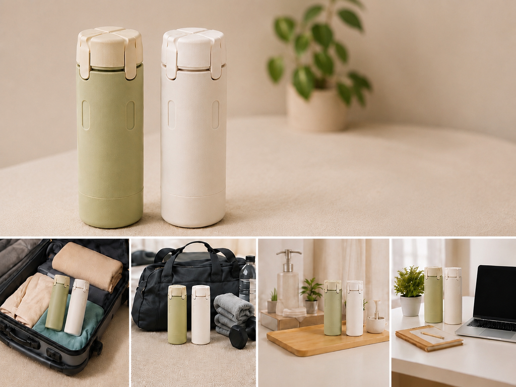 Distributeur de voyage 4‑en‑1 anti‑fuite — flacons rechargeables pour shampoing, gel & lotion