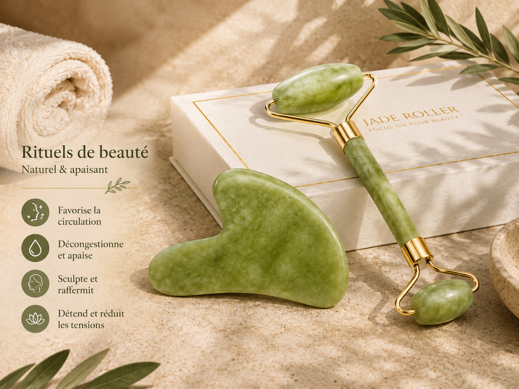 Coffret de massage du visage – Rouleau de jade & Gua Sha
