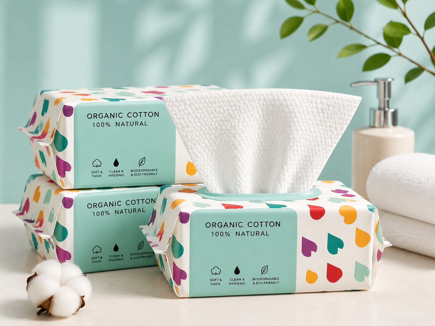 Serviettes visage jetables 100% coton — Pack 100 feuilles (douceur & hygiène)