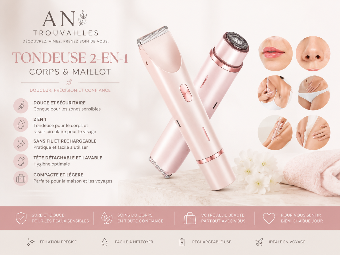 Tondeuse électrique 2-en-1 pour le corps et le maillot – Rechargeable